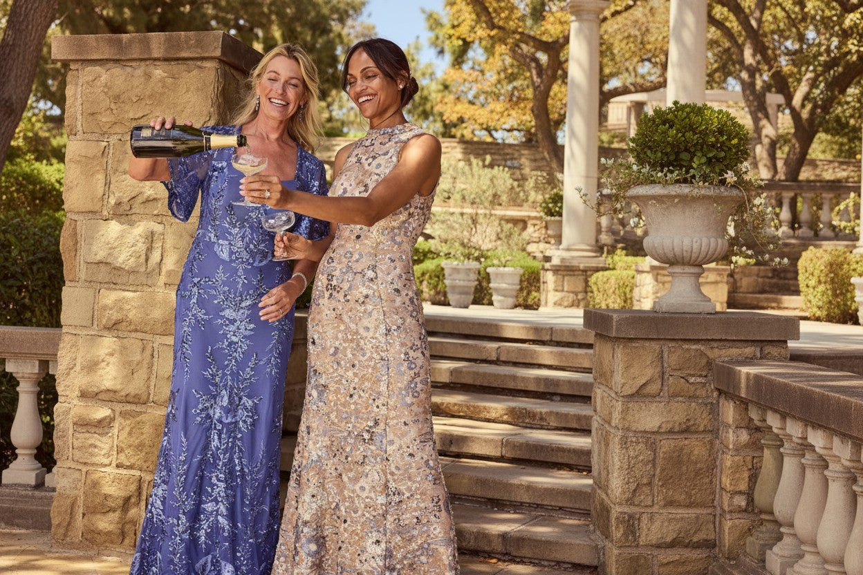 two women having champagne in blue and taupe dresses
