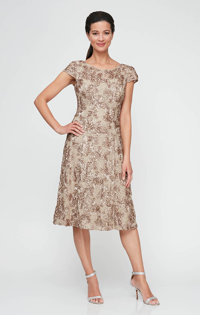 Alex Evenings Tea-Length Lace & Jersey Cocktail Dress Full Rosette Lace Skirt sold