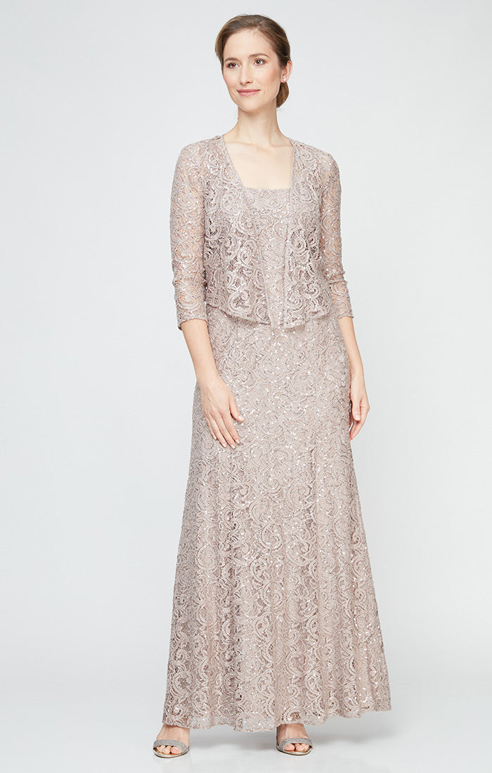 Sequin Lace Long A-Line Dress with 3/4 Sleeve Illusion Jacket