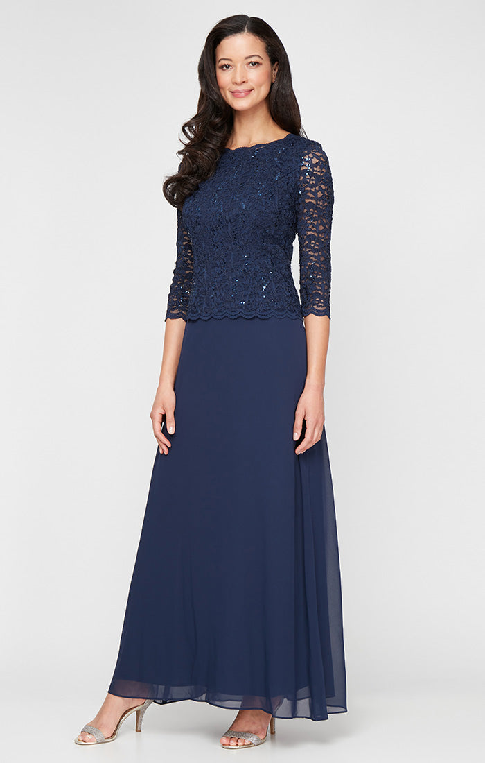 Alex Evenings Juliet Sequin Lace & Chiffon Gown Navy / 18