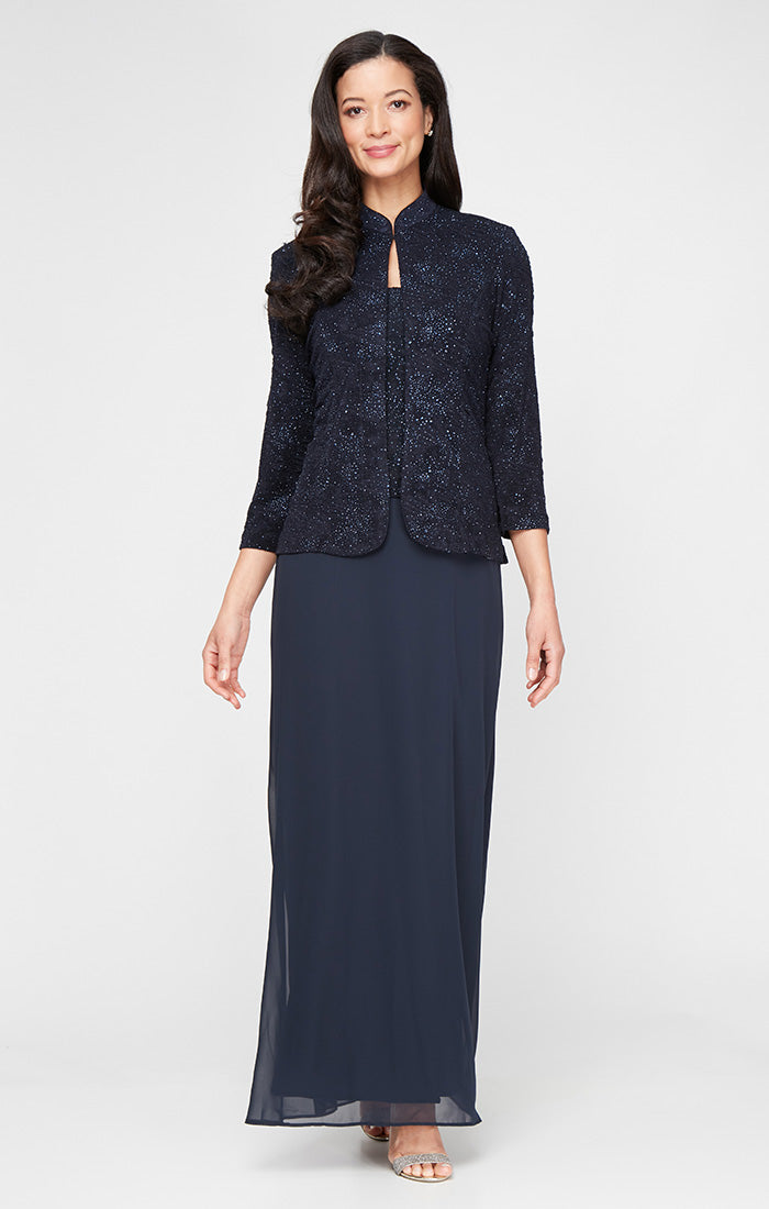 Alex Evenings Glitter Jacquard Knit Jacket Dress with Mandarin Neckline Navy / 14 Alex Evenings Glitter Jacquard Knit Jacket Dress with Mandarin Neckline Navy / 14
