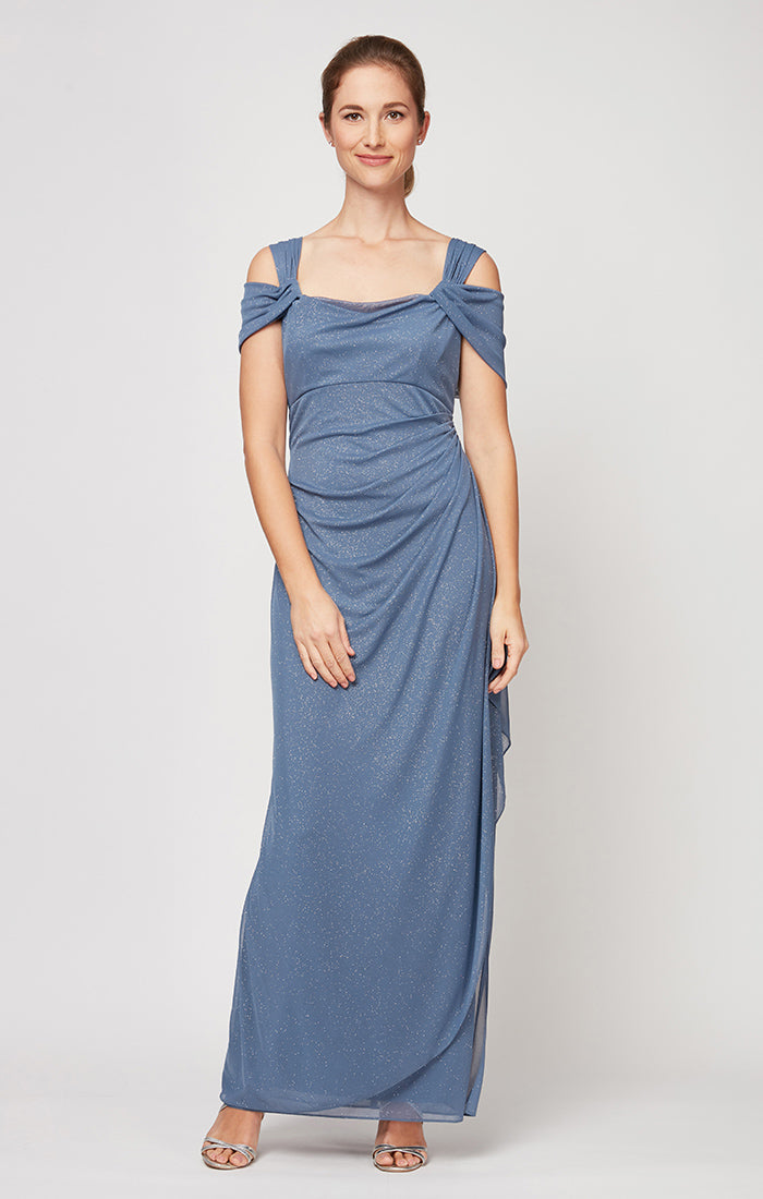 Alex Evenings Women's Long Cold Shoulder Dress, Blue, 6 Alex Evenings Women's Long Cold Shoulder Dress, Blue, 6