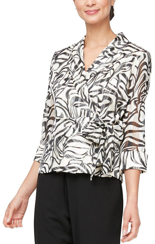 3/4 Sleeve Printed Side Closure Blouse with Collar - alexevenings.com