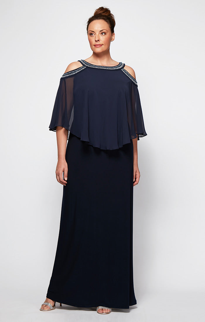 Alex Evenings Plus Size Cold Shoulder Popover Gown, Womens, 18W, Navy