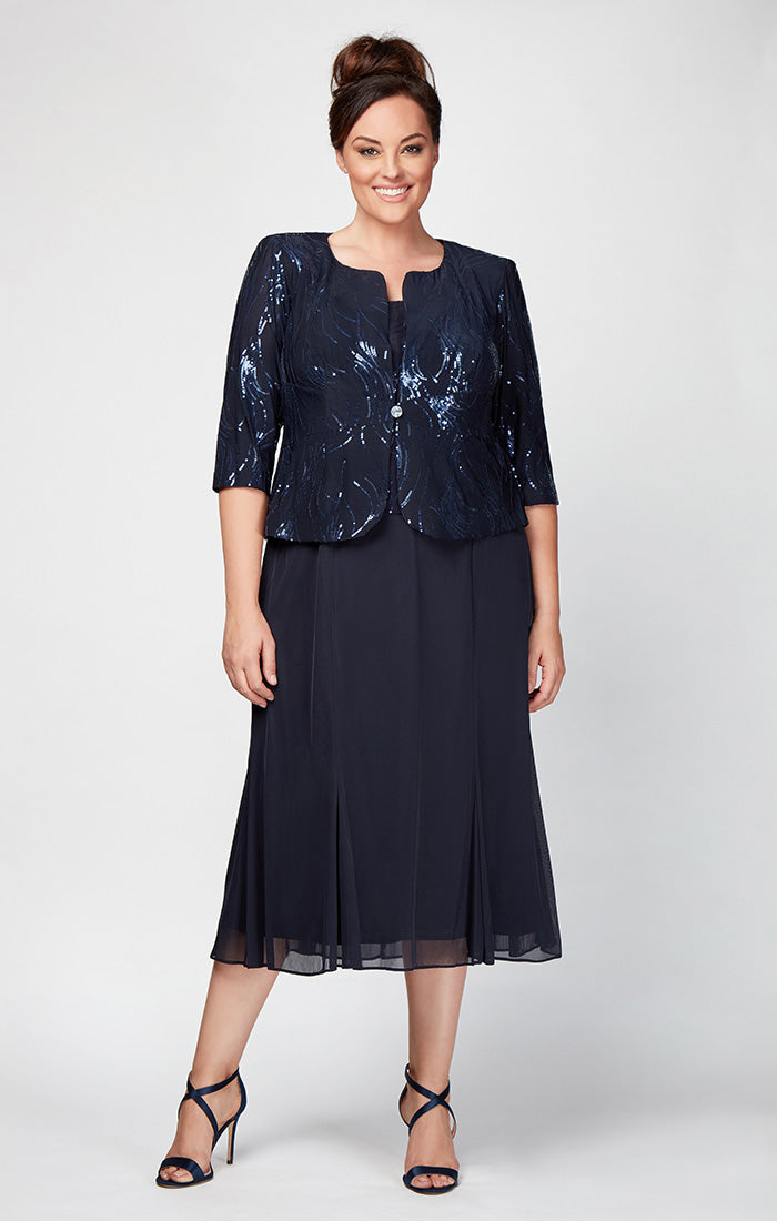 ALEX EVENINGS NAVY BLUE SQUARE NECK SEQUINS SCALLOP TEA LENTH HEM DRESS SIZE 18W factory