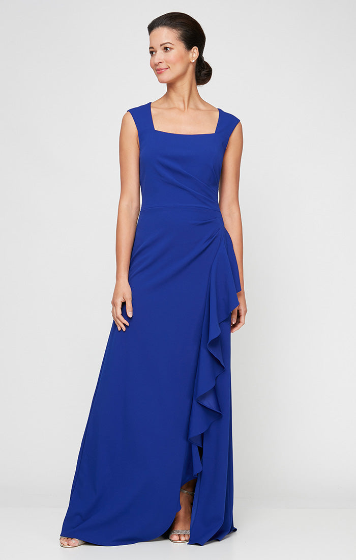 Alex Evenings Long Square Neck Dress with Cascade Ruffle Detail ROYAL / 16