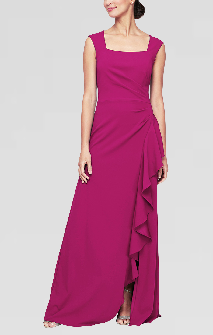 Regular - Long Square Neck Dress with Cascade Ruffle Detail