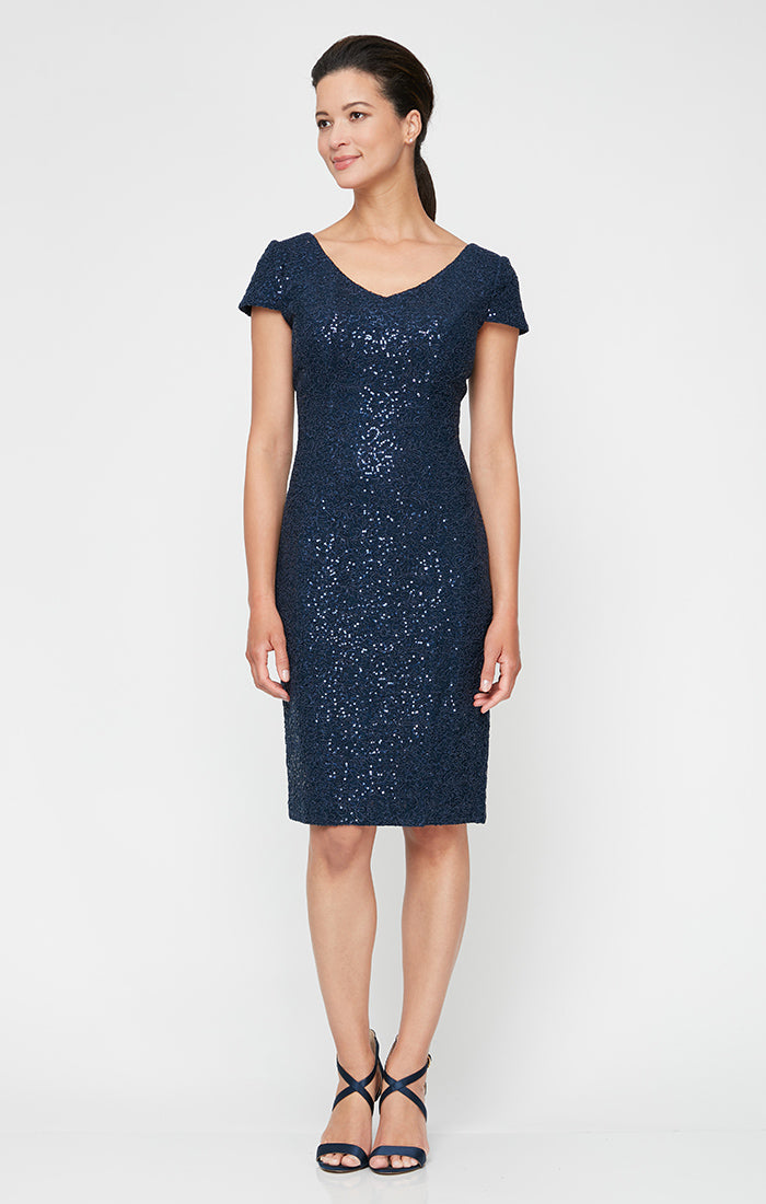 Alex Evenings Short Cap Sleeve Corded Lace with Sequin Detail V-Neck Sheath Dress NAVY / 8