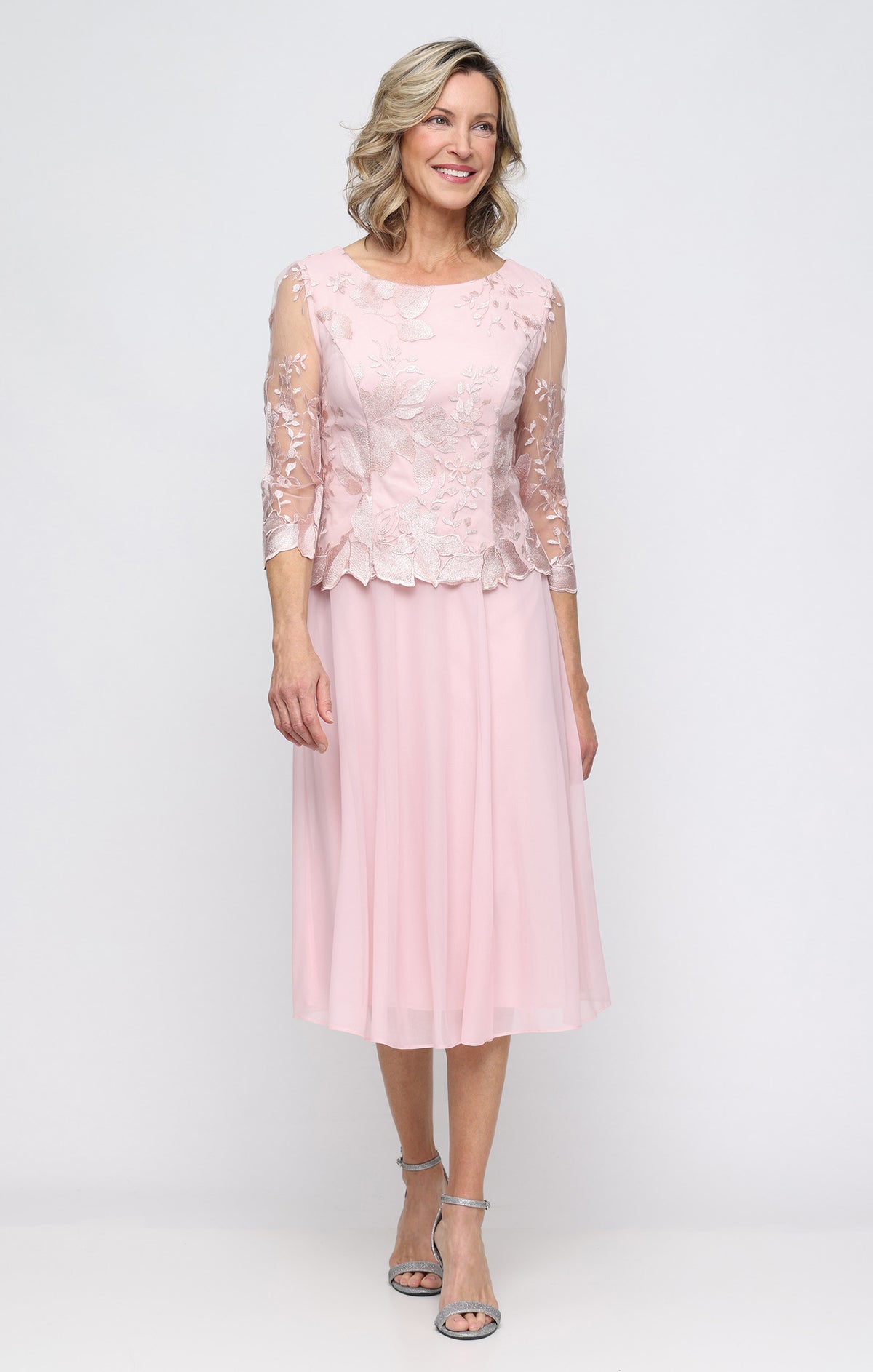 alex evenings tea length dress Embroidered Tulle & Chiffon Cocktail SHELL PINK / 4 Color:Blue&Nude Party Dresses - Womens it features a sophisticated no-fs