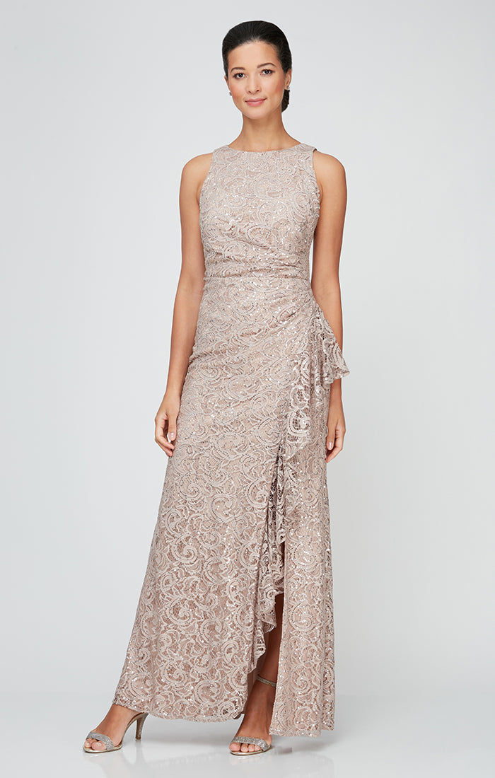 Alex Evenings Long Sleeveless Lace Dress with Cascade Ruffle Front Slit Detail Buff / 8