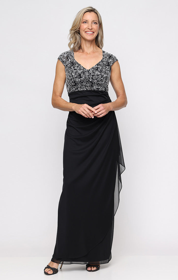 Alex Evenings Women's Lace-Bodice Cap-Sleeve Gown - Black White - 8 Alex Evenings Women's Lace-Bodice Cap-Sleeve Gown - Black White - 8