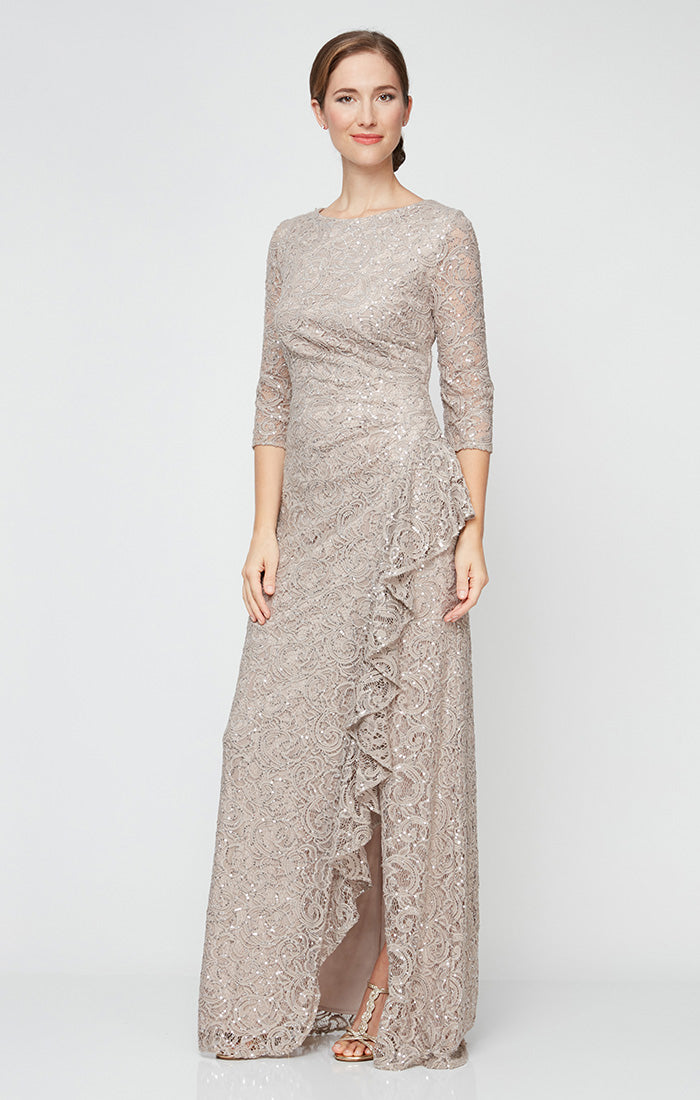 Alex Evenings Petite Sequined Lace Gown - Buff - Size 4p Alex Evenings Petite Sequined Lace Gown - Buff - Size 4p