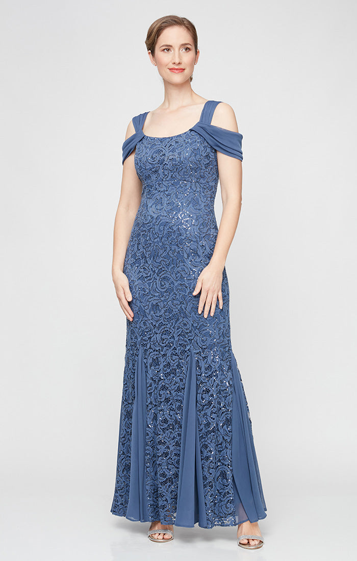 Regular - Cold Shoulder Sequin Lace Fit & Flare Dress with Godet Detail Skirt