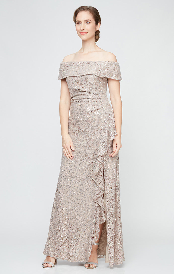 Regular - Off-the-Shoulder Sequin Lace Dress with Cascade Ruffle Detai