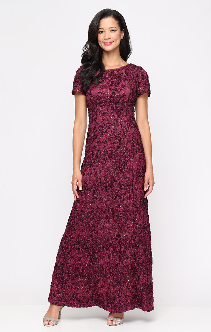 A-Line Lace Illusion Neck Short Sleeves Chiffon Dress Slate Blue