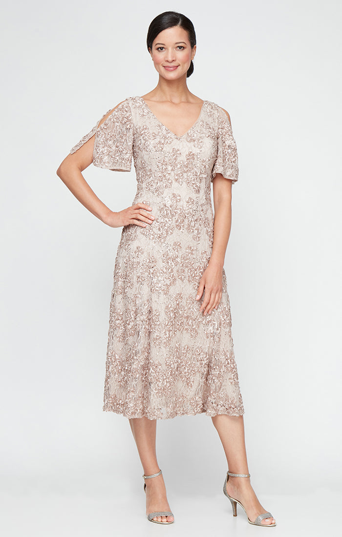 Petite - Tea-Length V-Neck Sequin Soutache Dress with Cold Shoulder Sleeves
