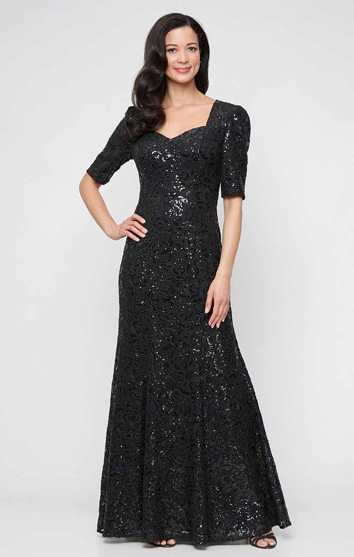 *Long Corded Lace Dress with Sweetheart Neckline and Elbow Sleeves - Black / 6 *Long Corded Lace Dress with Sweetheart Neckline and Elbow Sleeves - Black / 6