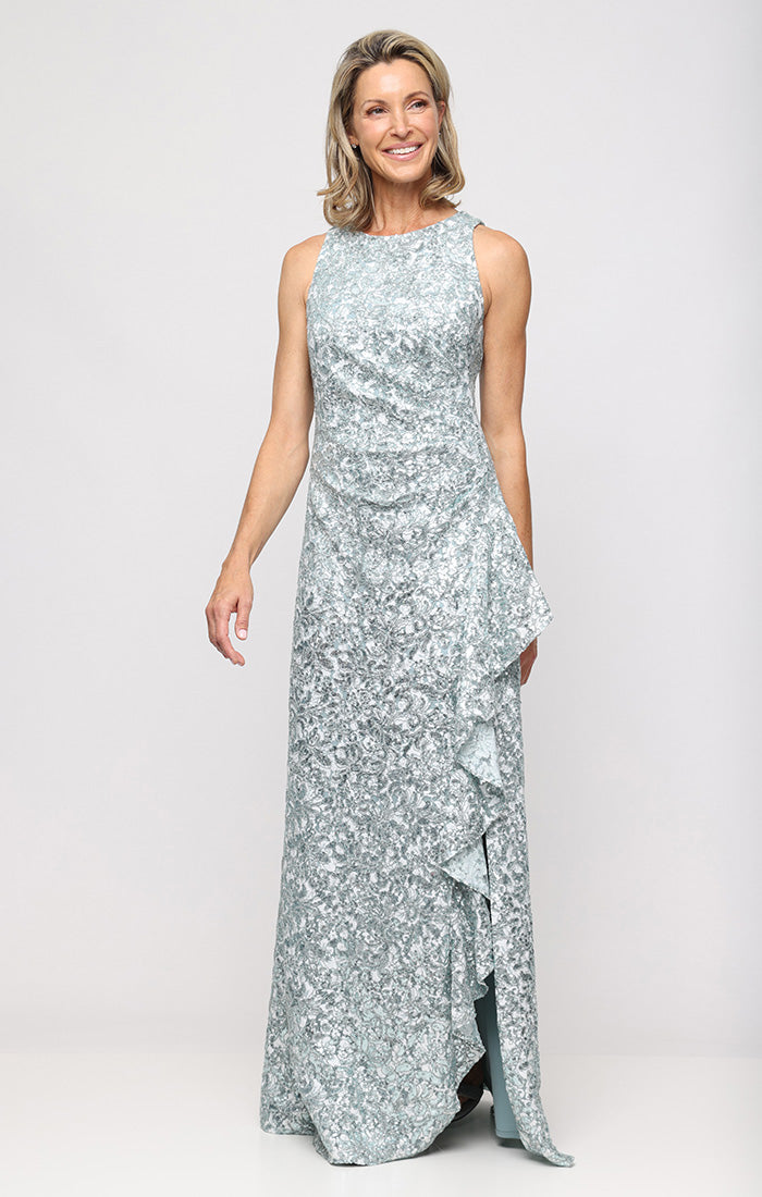Petite Long Sleeveless Corded Lace Dress with Cascade Detail Skirt