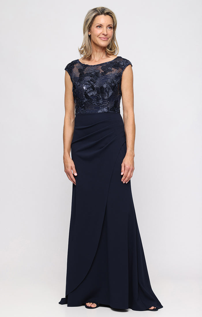Stretch Crepe Dress with Soutache Bodice and Illusion Neckline Stretch Crepe Dress with Soutache Bodice and Illusion Neckline