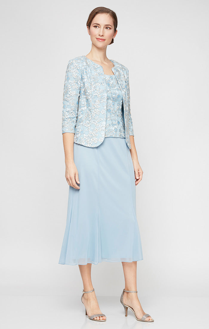 Alex Evenings Women's Embroidered Jacket & Dress - Light Blue
