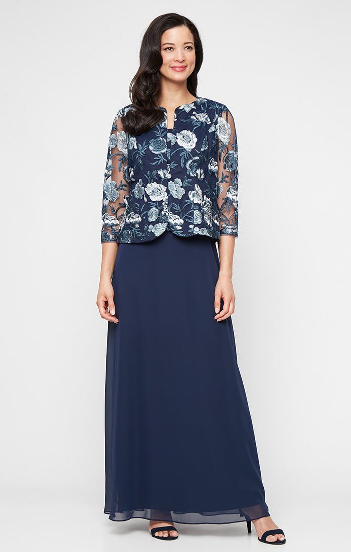 Petite - Embroidered Tulle Mock Jacket Dress with Scoop Neckline and C