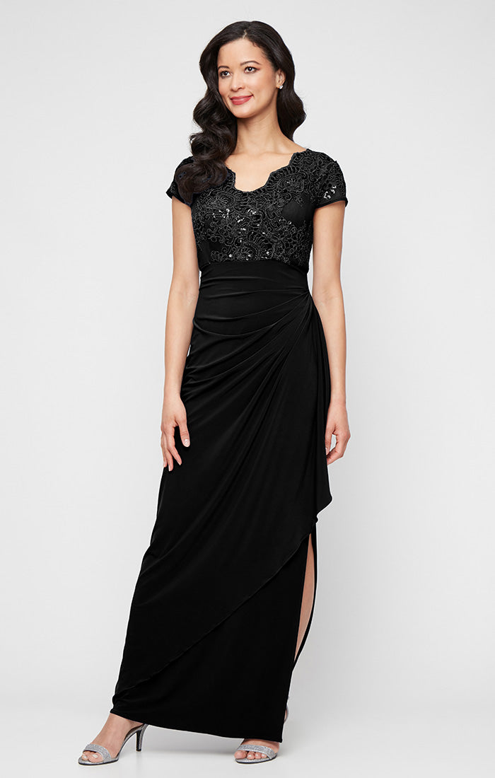 Alex Evenings Long Embroidered Tulle Empire Waist Dress Black / 6