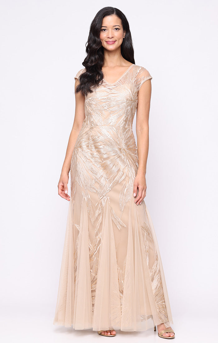 Regular - Long Embroidered Tulle V-Neck Dress with Godet Detail Skirt and Cap Sleeves