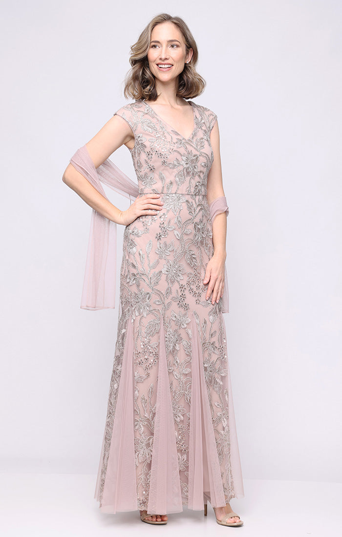 Alex Evenings V-Neck Embroidered Dress with Godet Detail Skirt and Shawl TAUPE / 16 Alex Evenings V-Neck Embroidered Dress with Godet Detail Skirt and Shawl TAUPE / 16