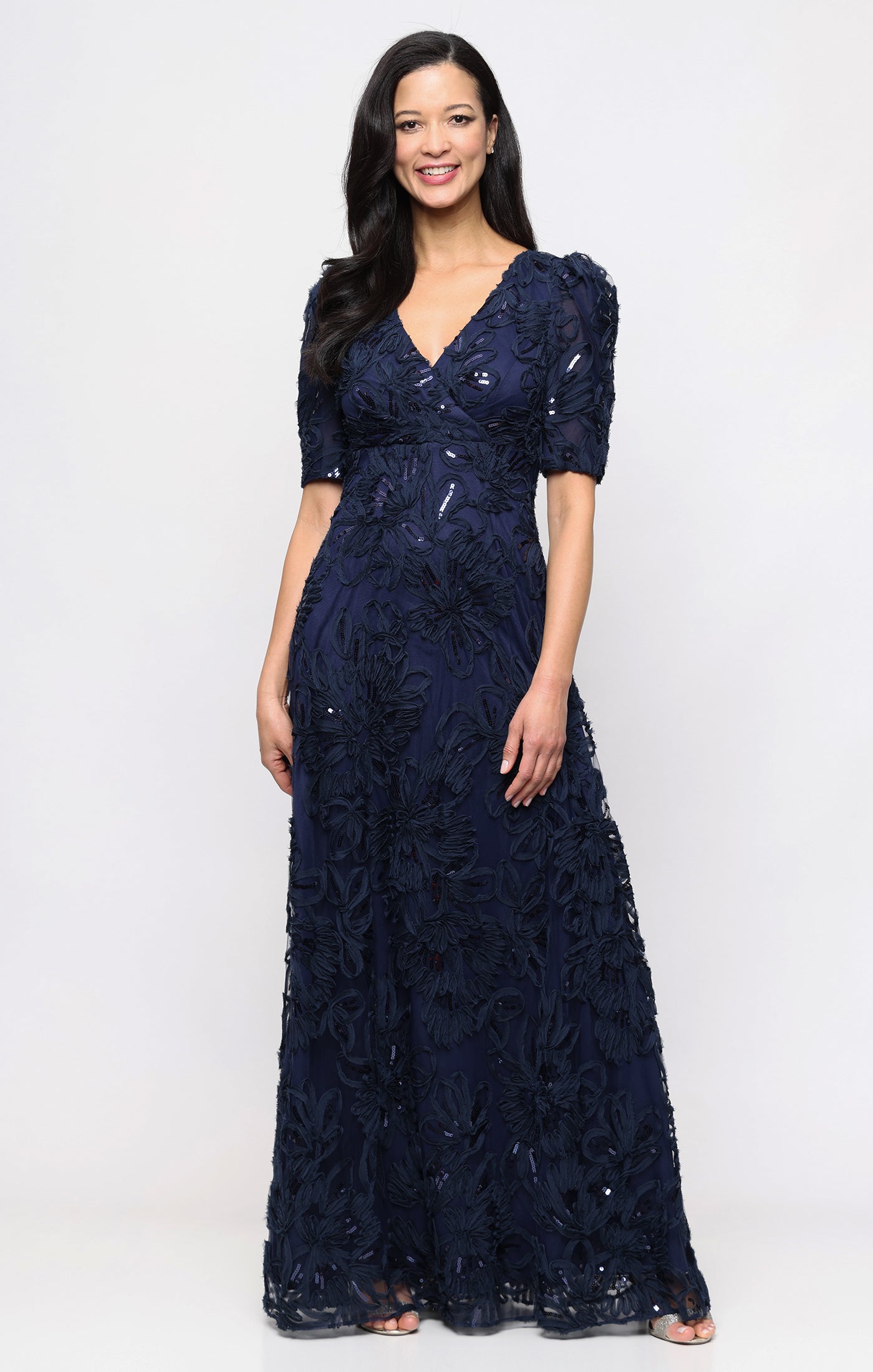 Alex Evenings Women's V-Neck Long Embroidered Dress - Blue