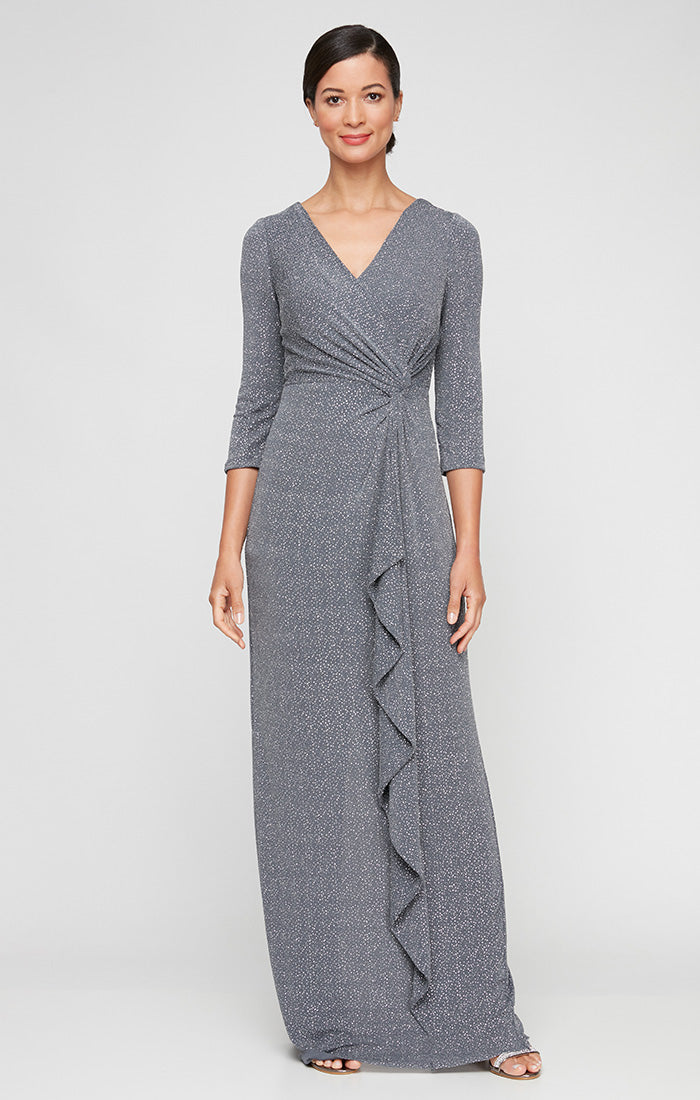 Metallic Knit Gown with Twist Knot Waist & Ruffle Skirt Detail