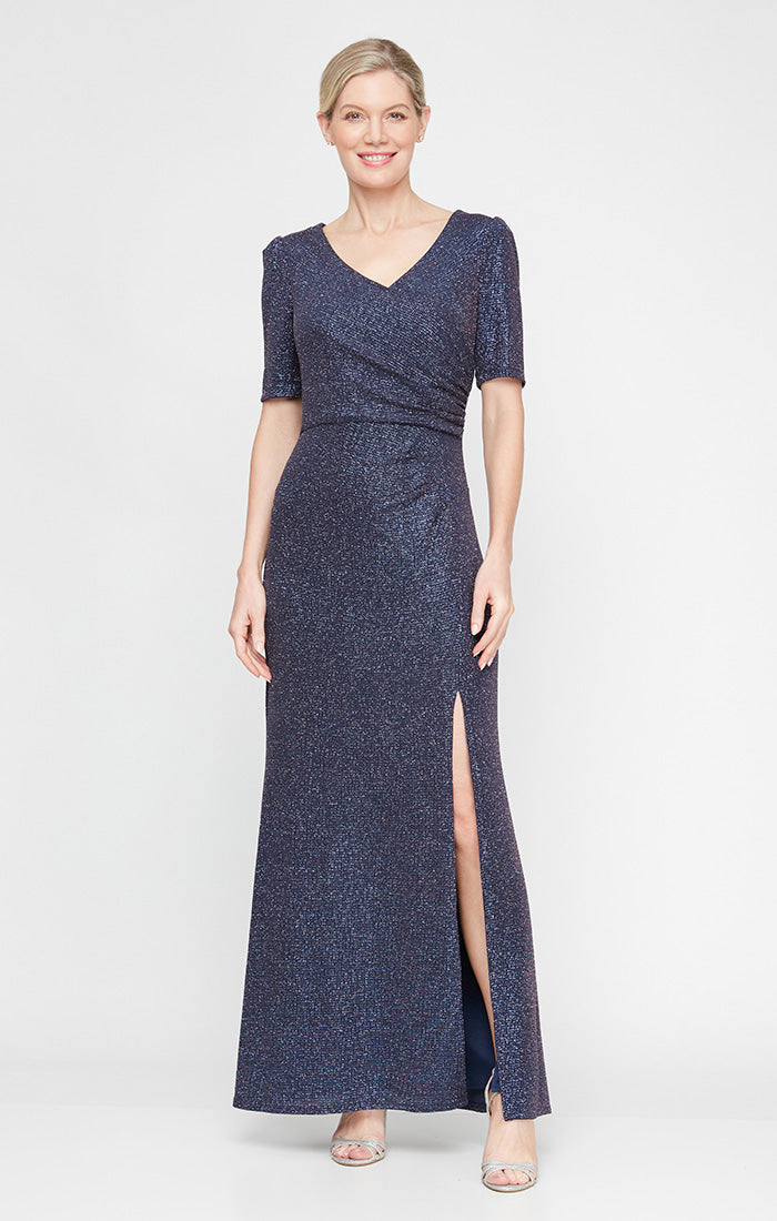 Regular - Surplice Neckline Metallic Glitter Knit Dress with Front Slit & Elbow Sleeves