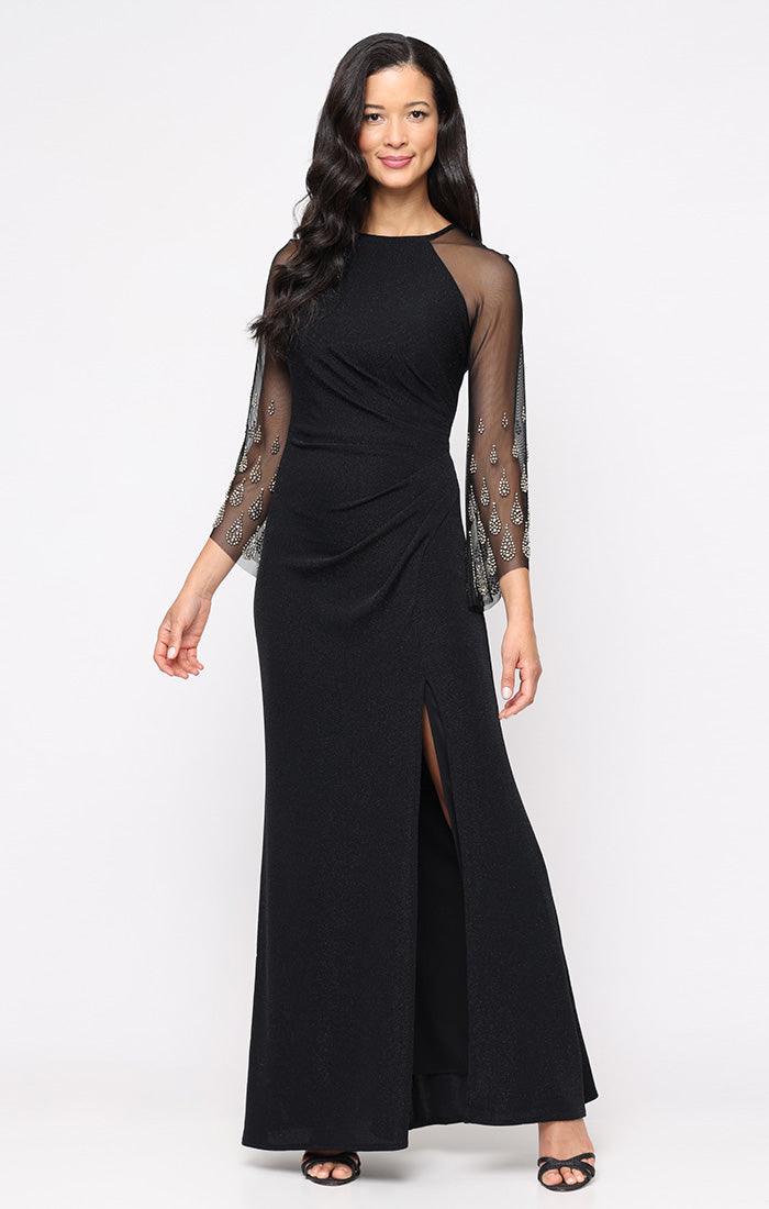 knee length dresses for ladies Silver Beaded Long Sleeve Mesh Gown – Elegant A-Line Evening Dress with Illusion  Neckline main image 0