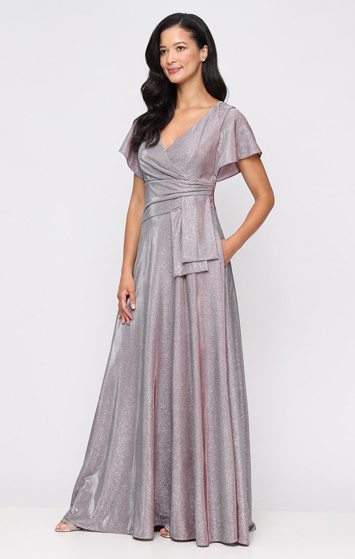 Long A-Line Metallic Knit Dress with Surplice Neckline, Ruched Cascad
