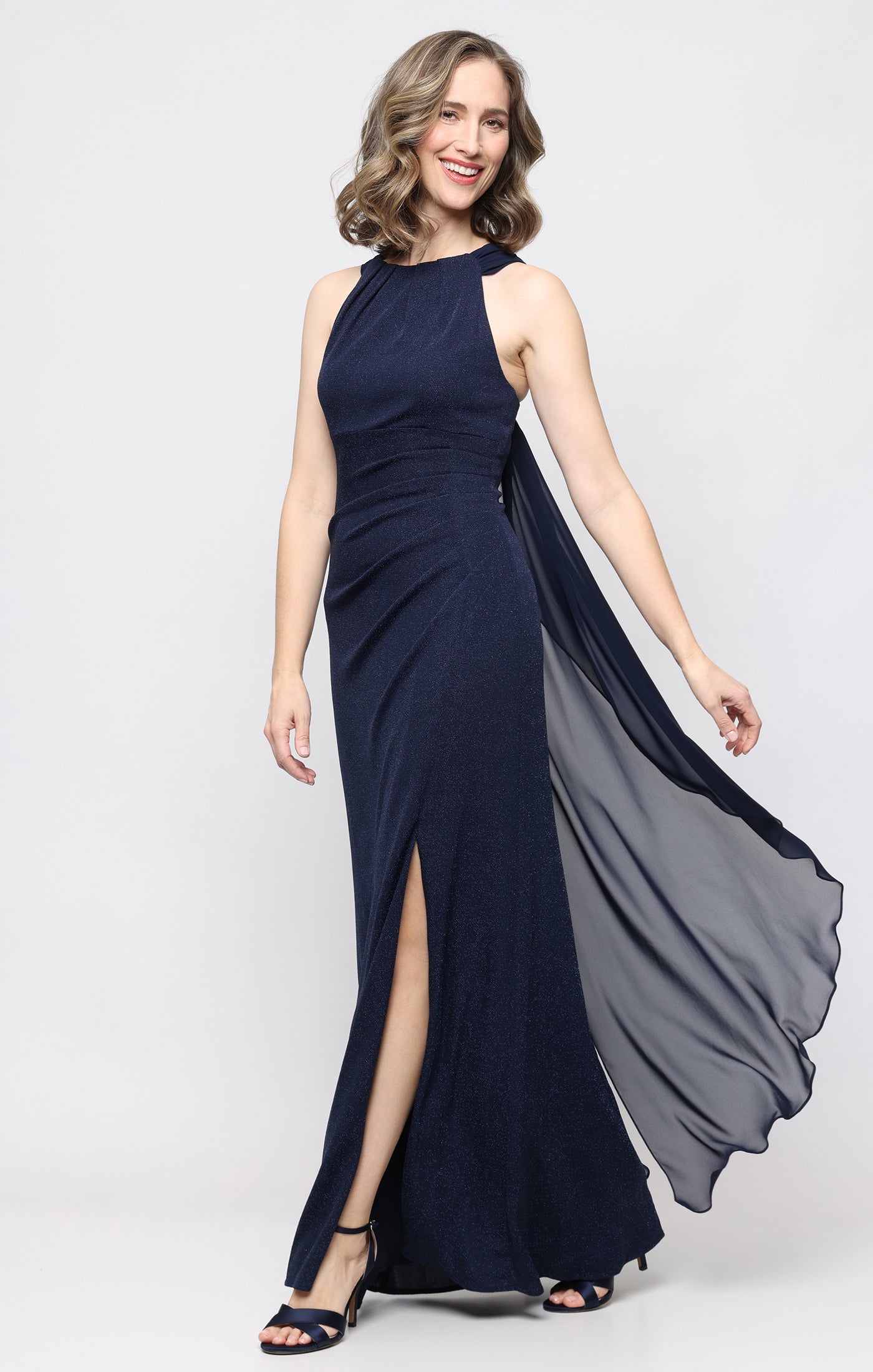 Long Metallic Knit Halter Dress with Front Slit