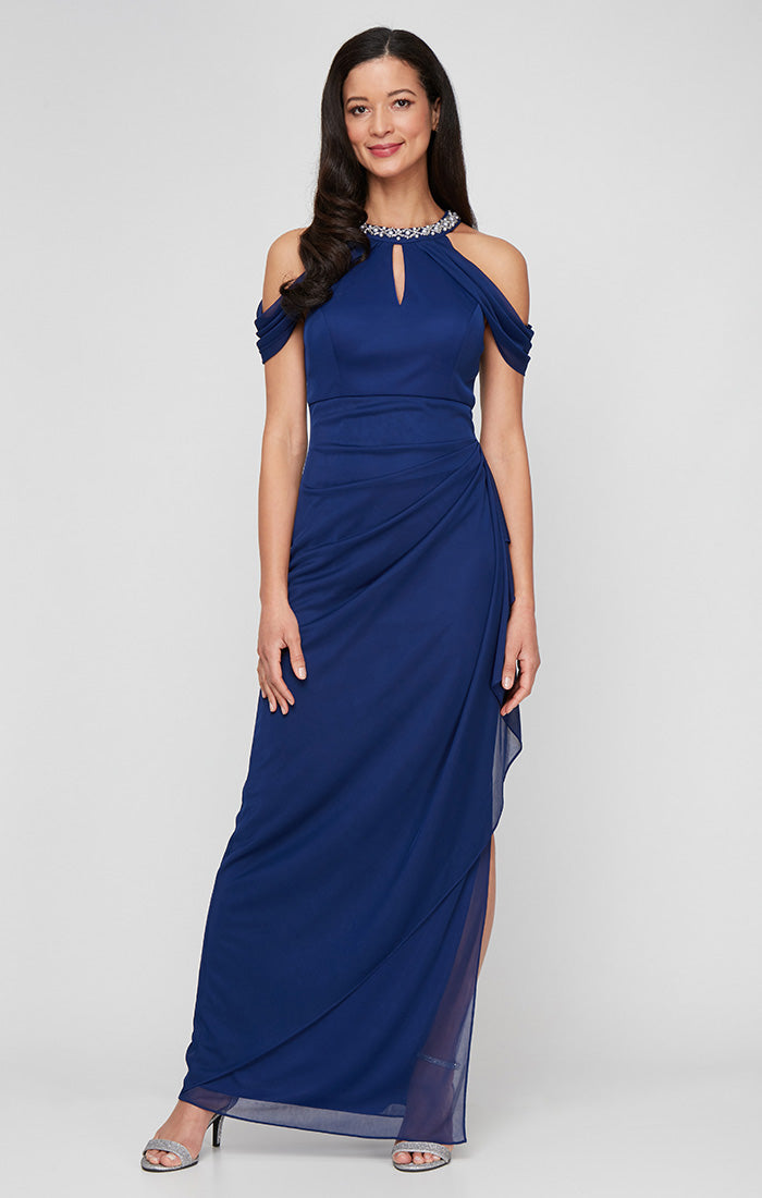 Alex Evenings Mesh Beaded Halter Neck Dress with Cold Shoulder Sleeve Electric BLUE / 10