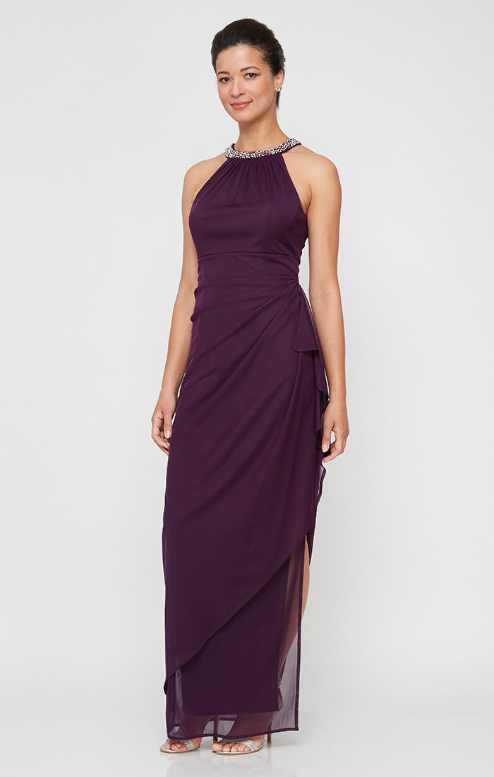 Alex Evenings Alexandra Beaded Halter Dress EGGPLANT / 6 Alex Evenings Alexandra Beaded Halter Dress EGGPLANT / 6