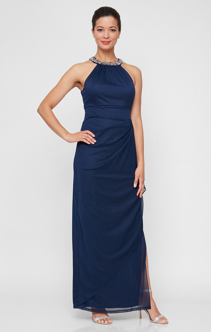 Alex Evenings Alexandra Beaded Halter Dress NAVY / 12 Alex Evenings Alexandra Beaded Halter Dress NAVY / 12