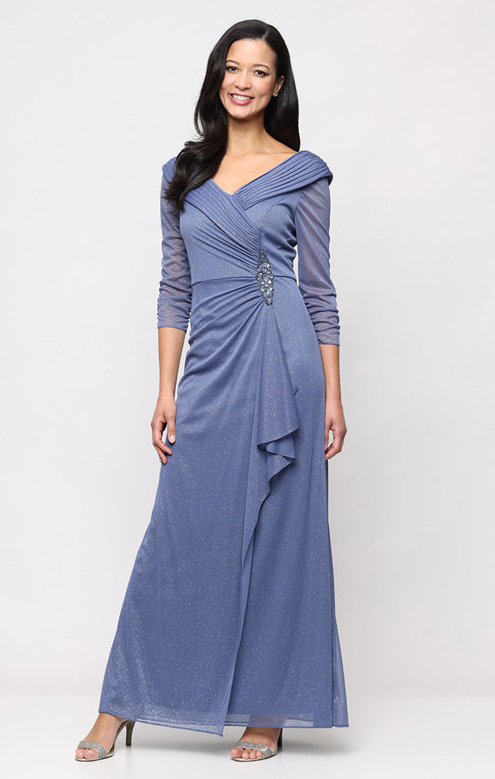Alex Evenings Women's Long Portrait Collar Glitter Mesh Dress, Blue, 12 Alex Evenings Women's Long Portrait Collar Glitter Mesh Dress, Blue, 12