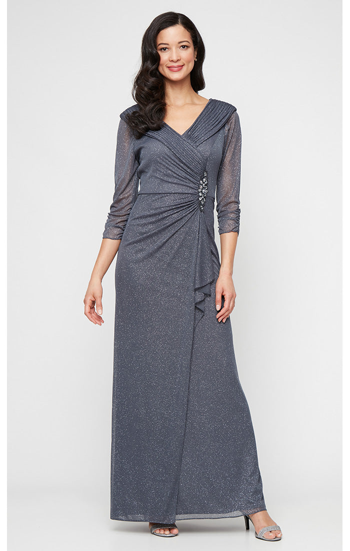 Alex Evenings Women's Long Portrait Collar Glitter Mesh Dress, Blue, 6