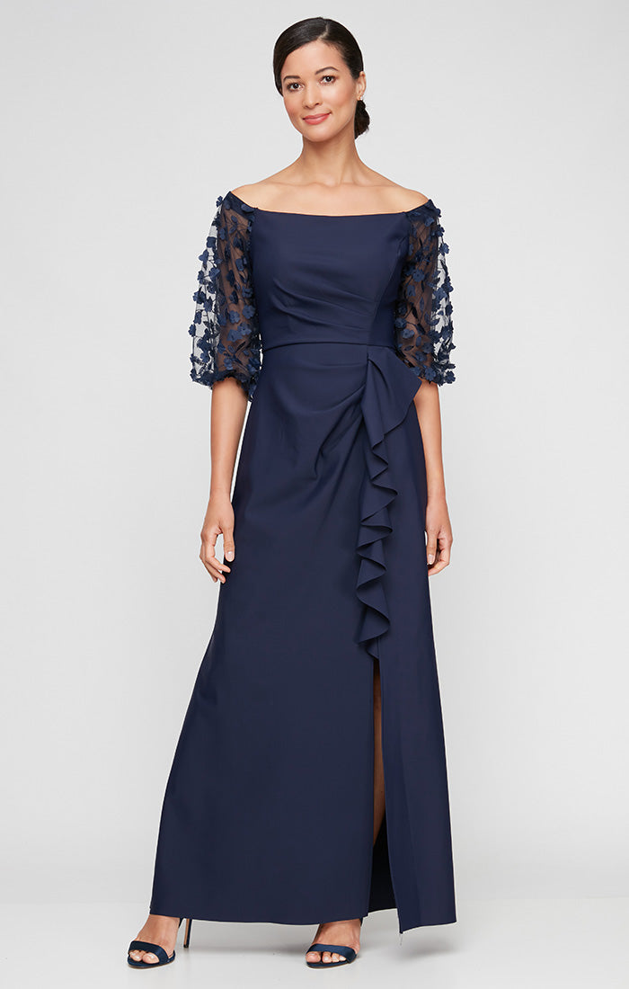 Long Off the Shoulder Contour Dress with Illusion 3D Flower Sleeves Long Off the Shoulder Contour Dress with Illusion 3D Flower Sleeves