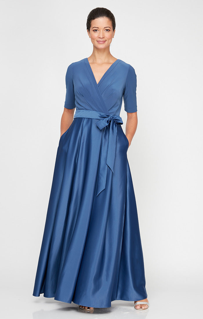 Alex Evenings Petite Surplice Neckline Ballgown with Full Satin Skirt & Jersey Bodice Wedgewood / 10p