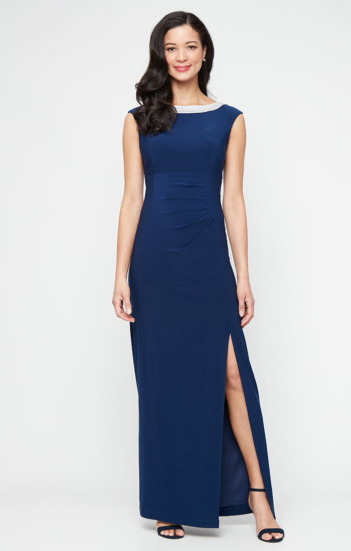 Alex Evenings Sleeveless Jersey Dress with Embellishment Detail at Neckline & Front Slit COBALT / 14