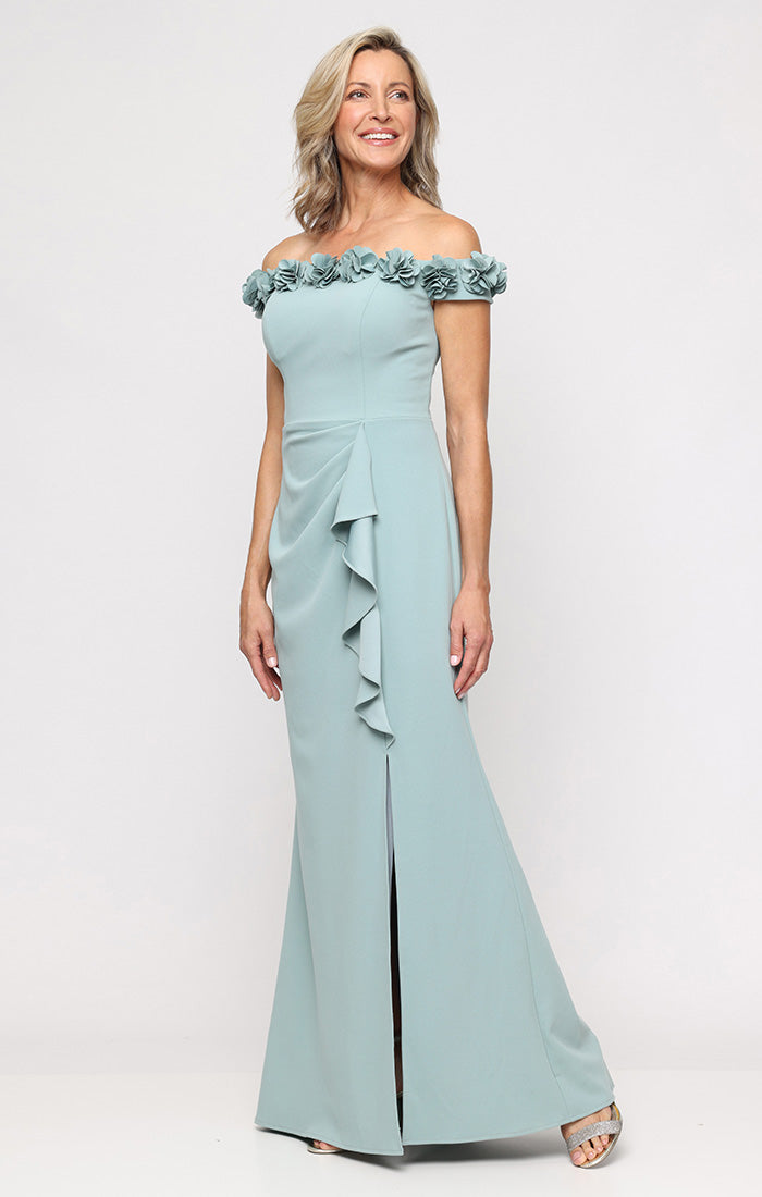 *Long Off the Shoulder Dress With 3D Flower Neckline and Front Slit