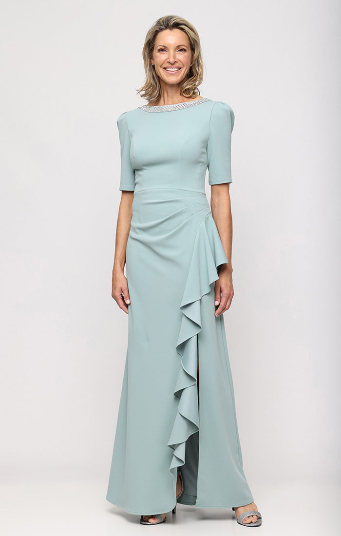 Alex Evenings Petite Embellished-Neck Ruffle Gown - Navy - Size 12P
