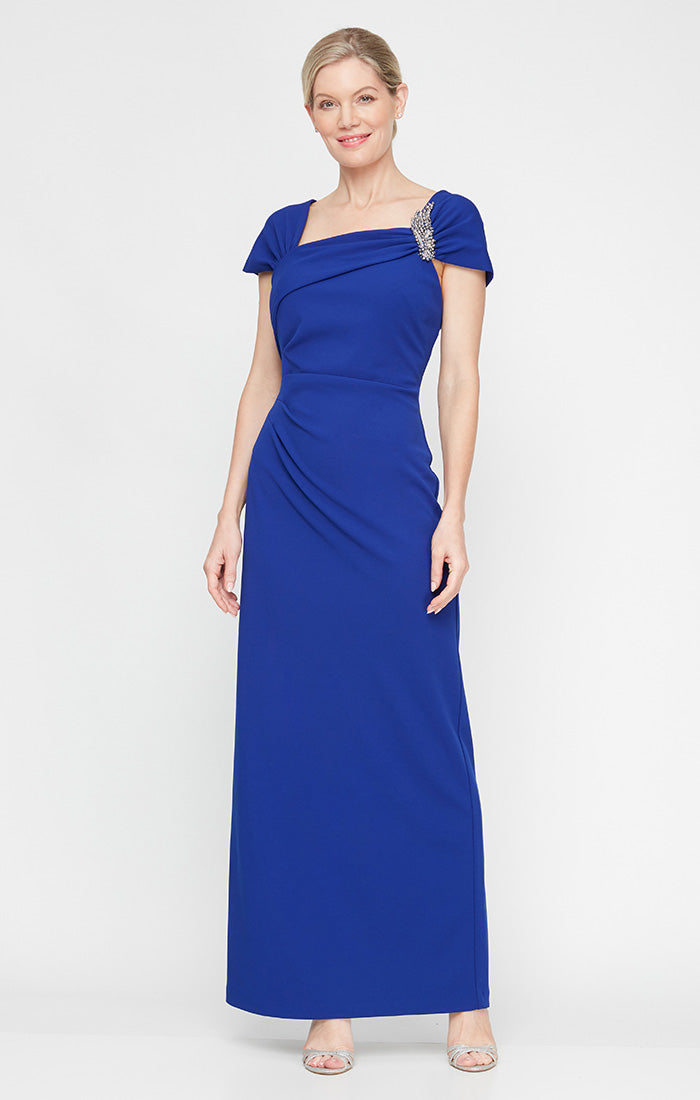 Petite - Long Cap Sleeve Crepe Dress With Embellished Asymmetric Neckline