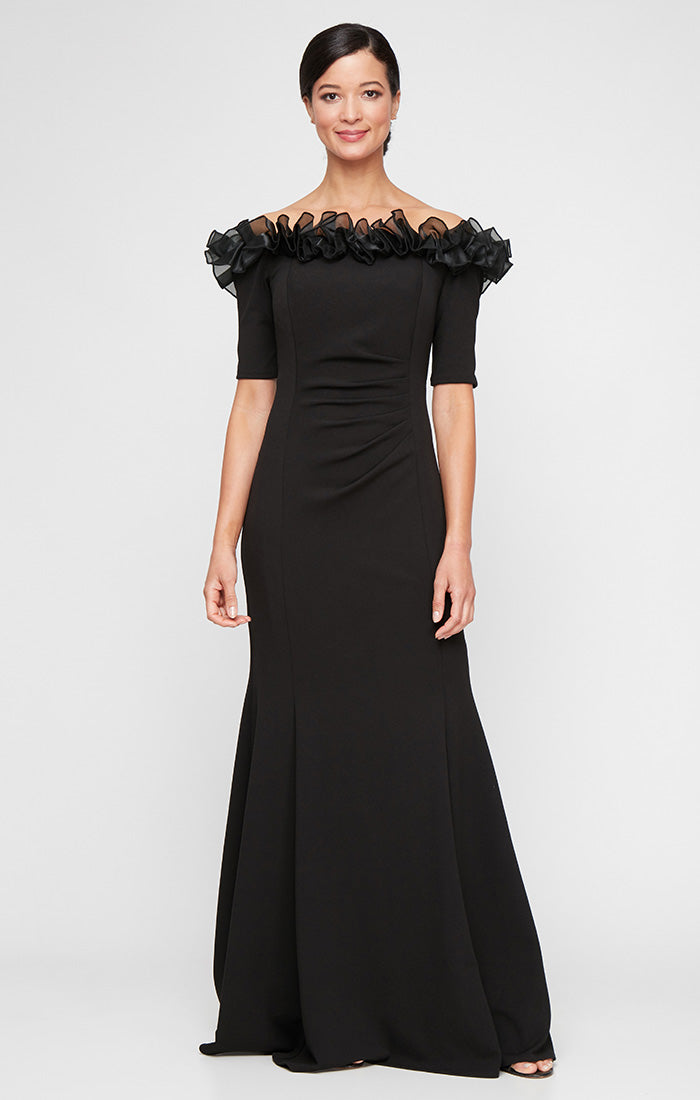 Stretch Crepe Off the Shoulder Dress with Organza Ruffle Neckline Det