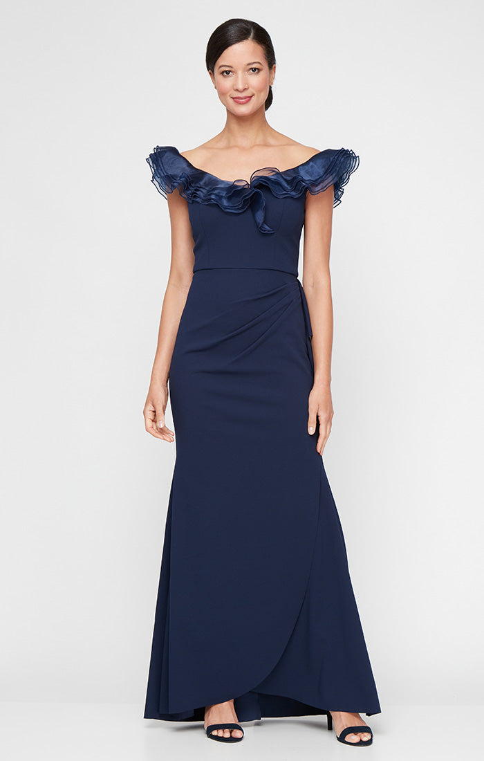 Long Stretch Crepe Off-the-Shoulder Dress with Organza Ruffle Necklin Long Stretch Crepe Off-the-Shoulder Dress with Organza Ruffle Necklin