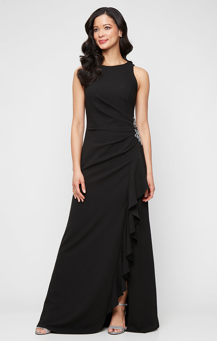 *Long Sleeveless Stretch Crepe Dress with Beaded Hip Detail and Cascade Ruffle Skirt - Black / 14