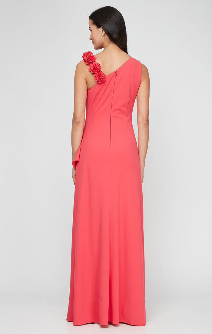 Regular - Long Stretch Crepe Dress with Flower Strap Detail and Cascade Skirt
