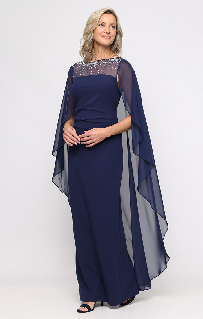 Alex Evenings Crepe Column Gown with Dramatic Chiffon Capelet NAVY / 6